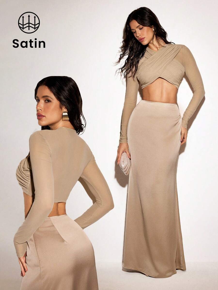 VIOLA AND VESPER Transparent Mesh Criss-Cross Front Long Sleeve Crop Top Women Summer Casual Outfits