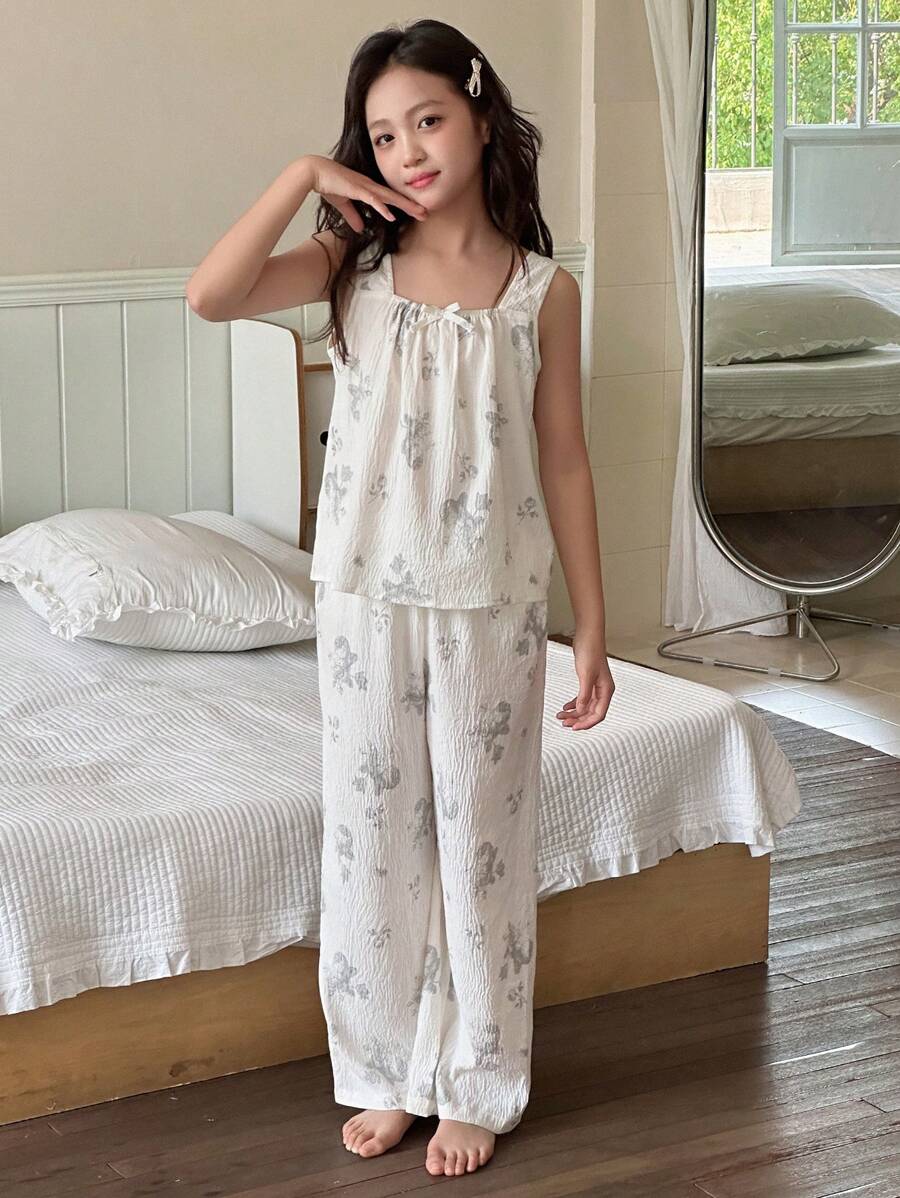 DAZY Conjunto de top de camisa y pantalones con estampado floral pequeño para niña preadolescente, ropa de regreso a la escuela