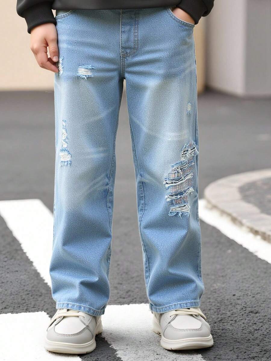 Jeans vaqueros desgastados de color claro versátiles y casuales para niños preadolescentes, adecuados para uso diario y exterior