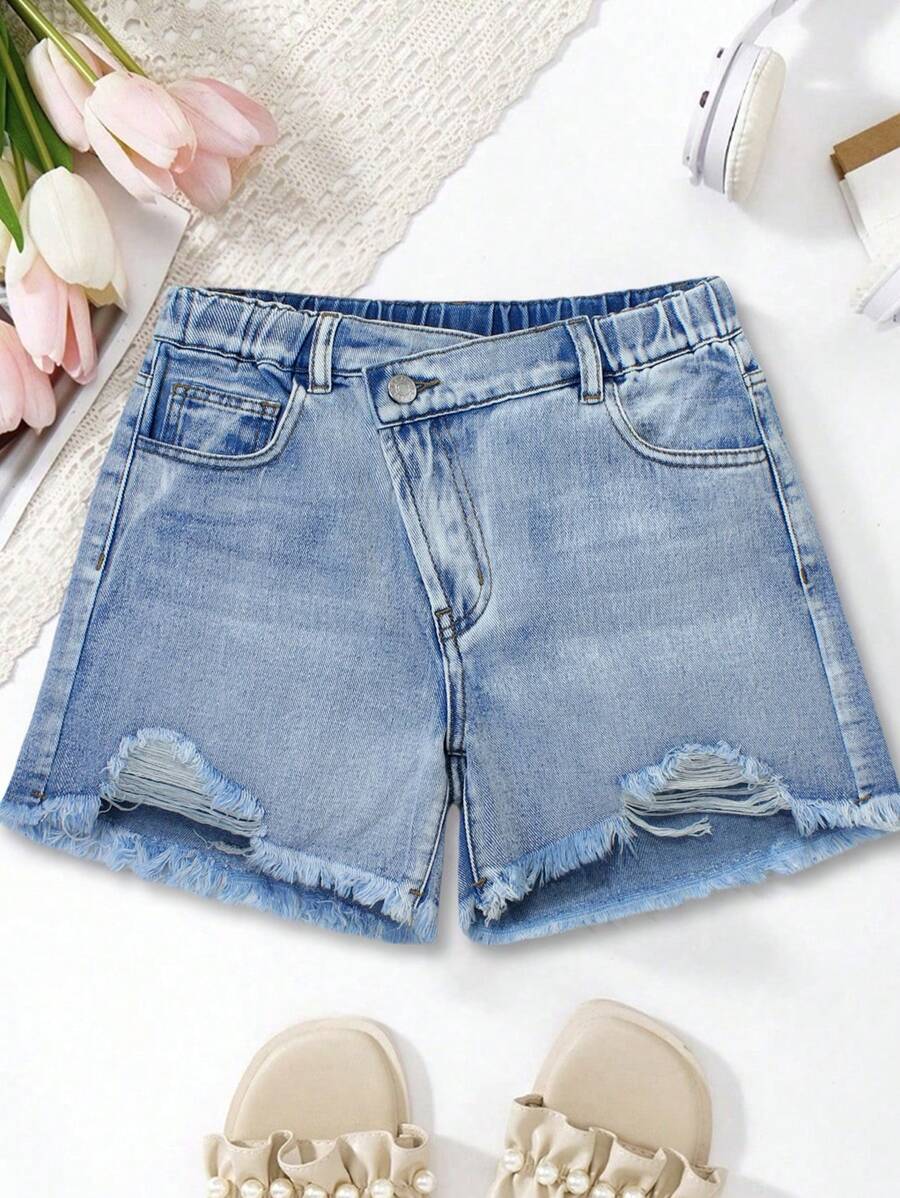 Pantalones cortos de mezclilla casuales, holgados y desgastados para niñas