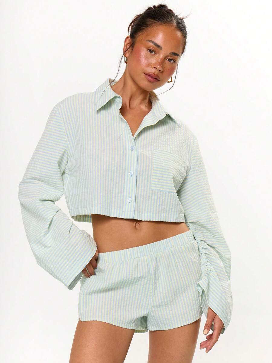 MUSERA Striped Cropped Button Through Long Sleeve Shirt Summer Vacation Holiday Festival Cute Beach Casual Elegant Tuscan Sun Beach Ibiza Airport Fall Back To School