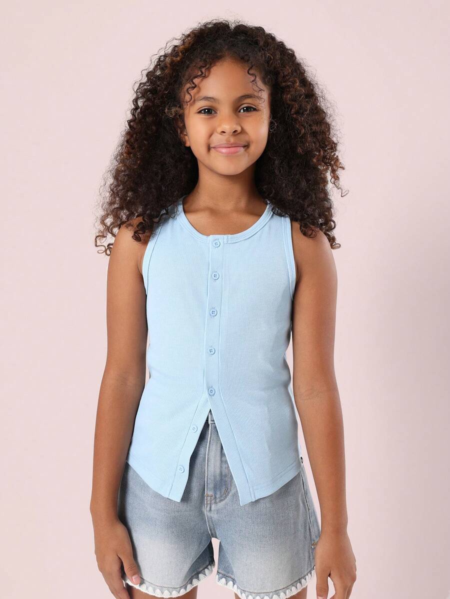 SUMWON Top de tirantes acanalado con botones delante, camiseta sin mangas de verano, base esencial para moda de preadolescentes