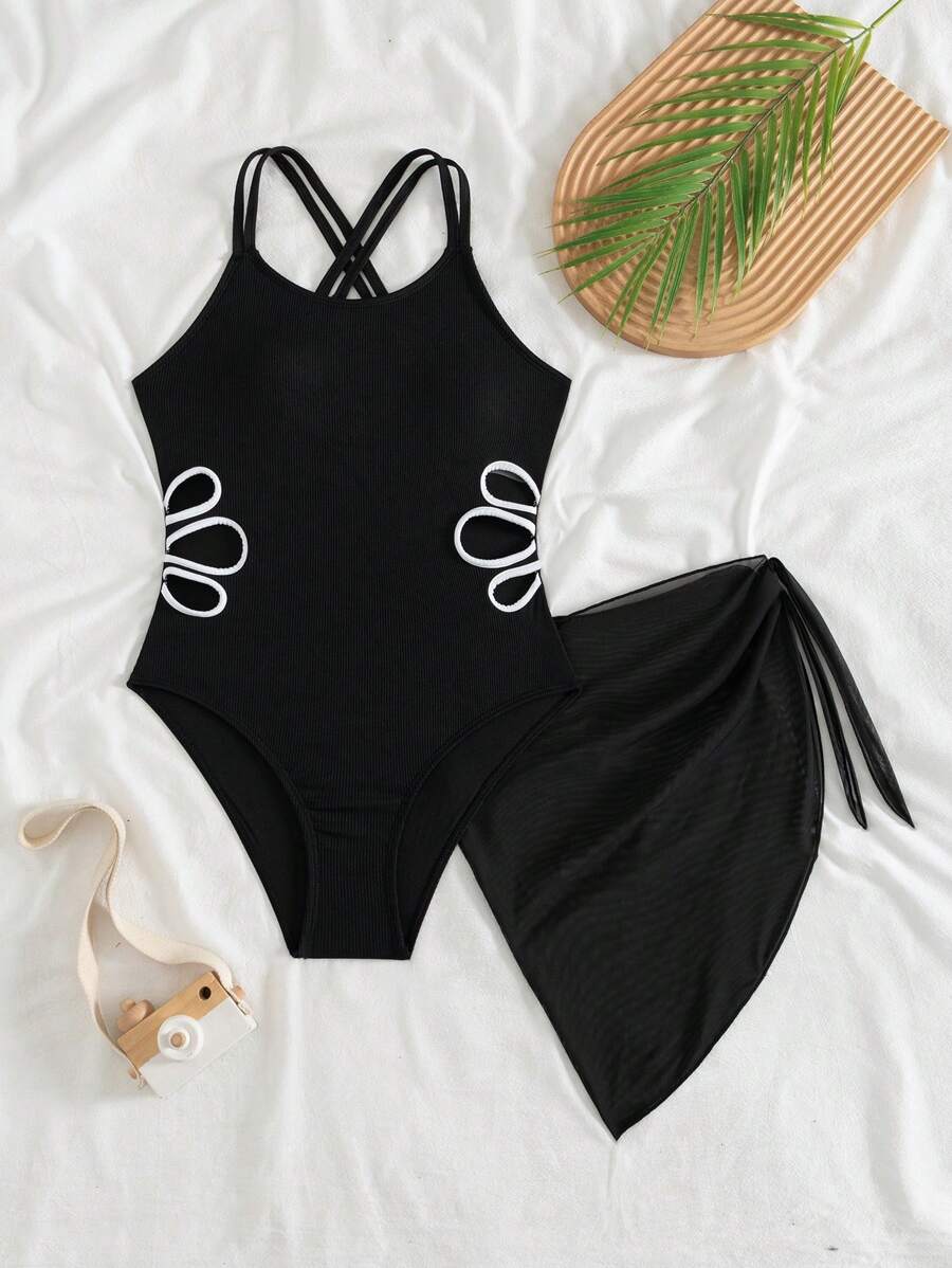 Traje de baño de una pieza con falda de capa para niñas preadolescentes, de moda para vacaciones en la playa y natación