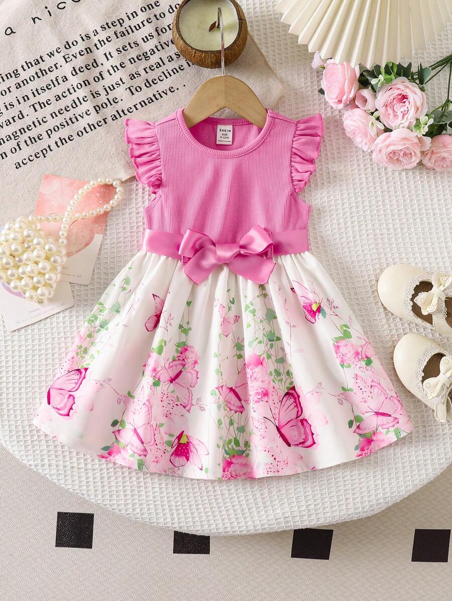 Vestito da ragazza carino per vacanza estiva, con maniche a cappuccio, floreale, lavorato a maglia, con motivo patchwork rosa