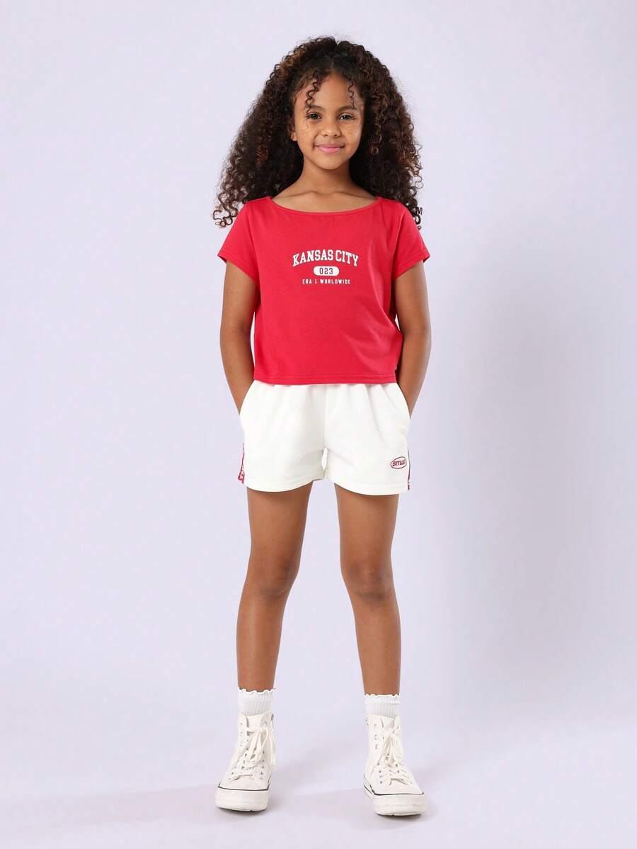 SUMWON Conjunto informal de verano para preadolescentes de edición limitada mundial de Kansas City, que incluye top corto y shorts de tiro bajo, con calcetines blancos con volantes