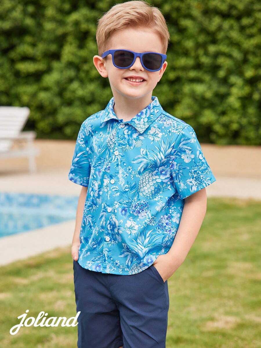 Joliand 1 pieza Camisa de manga corta con estampado de piña floral azul casual y elegante para vacaciones en la ciudad, adecuada para ocio, uso diario, viajes, hogar, playa, verano para niños pequeños