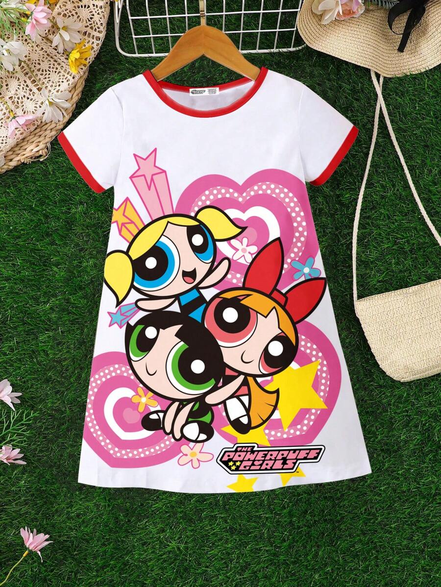 THE POWERPUFF GIRLS X SHEIN Young Girl Summer Casual Cartoon And Heart Pattern Round Neck Contrast Trim Short Sleeve Tee Dress