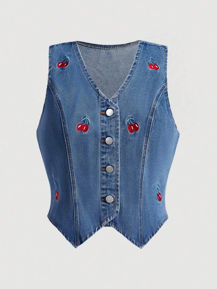 SHEIN MOD Women's Plus Size Cherry Print Button Up Denim Jacket