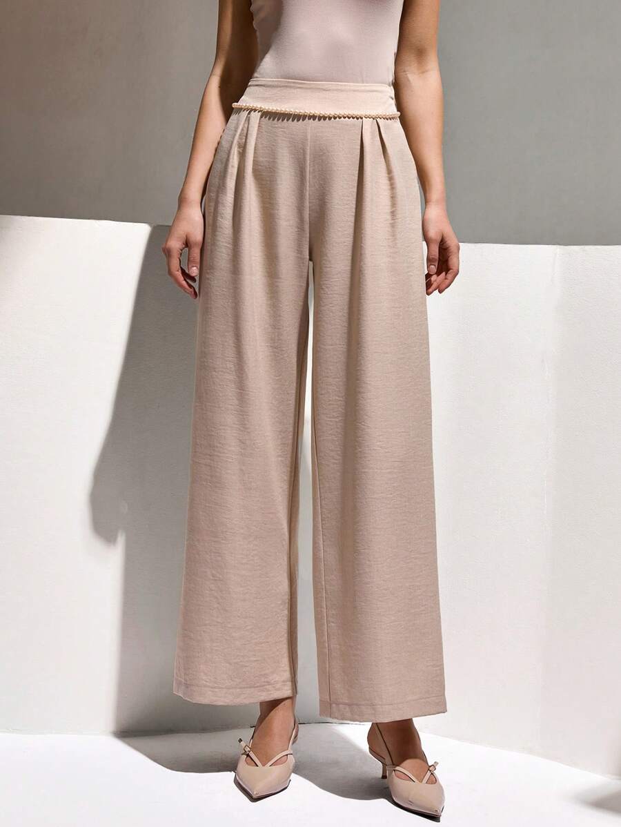 CLARA VERO Pantalón de cintura alta con decoración de perlas, pierna ancha, ajuste relajado. Pantalones casuales y elegantes de verano