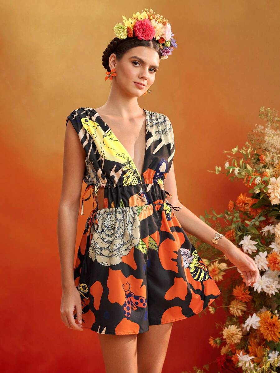 Frida Kahlo X SHEIN X Designer ISELACOS Mono de verano para mujer con cuello en V profundo, sin mangas, cordón ajustable y estampado completo