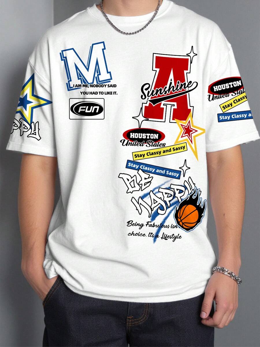 SHEIN Camiseta de manga corta con cuello redondo, estilo casual y clásico de moda urbana para adolescentes, con logo, gráfico de baloncesto y etiqueta, adecuada para el verano