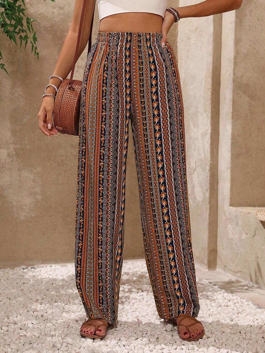 LanaWest Pantaloni casual retrò con stampa, con vita elastica, taglie comode