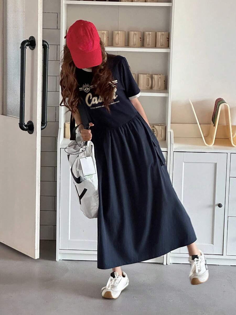 DAZY Teenage Girl Letter Print Round Neck Short Sleeve Casual Dress, Summer,Back To School Clothes