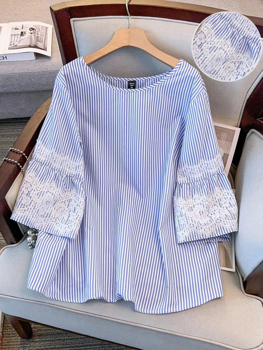 Regalyn Maglietta ampia a righe e stampe per donne di taglia grande, semplice con collo rotondo, con inserti in pizzo, adatta per uscire, vacanze, stile boho estivo