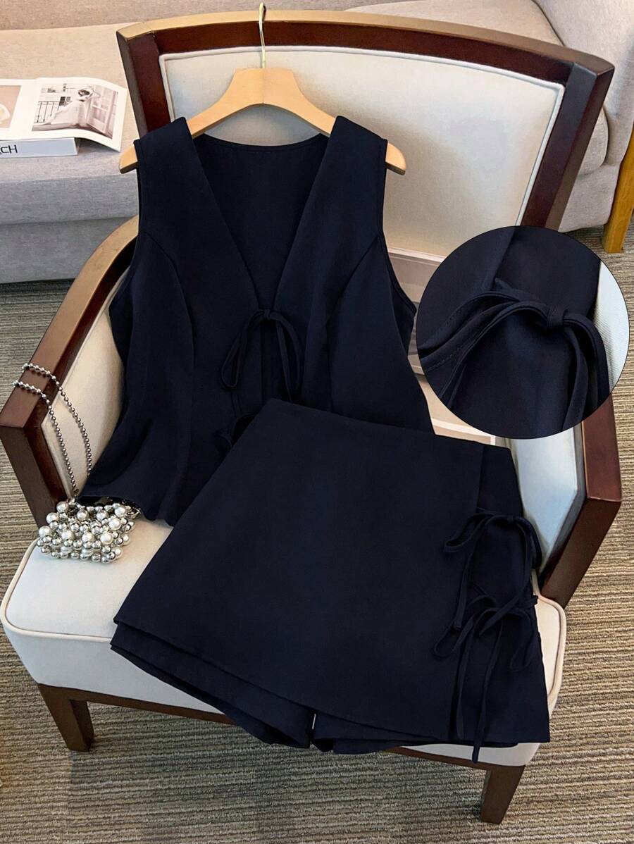 Regalyn 2pcs Set: Plus Size Women Summer Solid Color Tie Front Sleeveless Crop Top And Skort