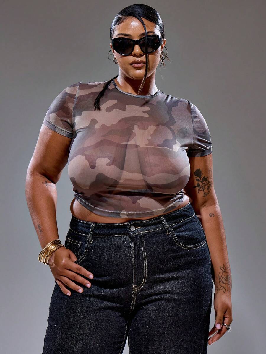MUSERA Tricou lung cu mânecă scurtă, model camuflaj, stil de vară, stil stradal, vacanță, anii '90, Y2K, drăguț, casual, oraș, muză, mărime plus