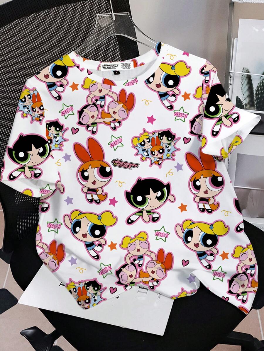 THE POWERPUFF GIRLS X SHEIN Women White Loose Fit Round Neck Short Sleeve T-Shirt, Casual Comfy Cartoon Star Blossom, Bubbles, Buttercup Pattern, Summer Season