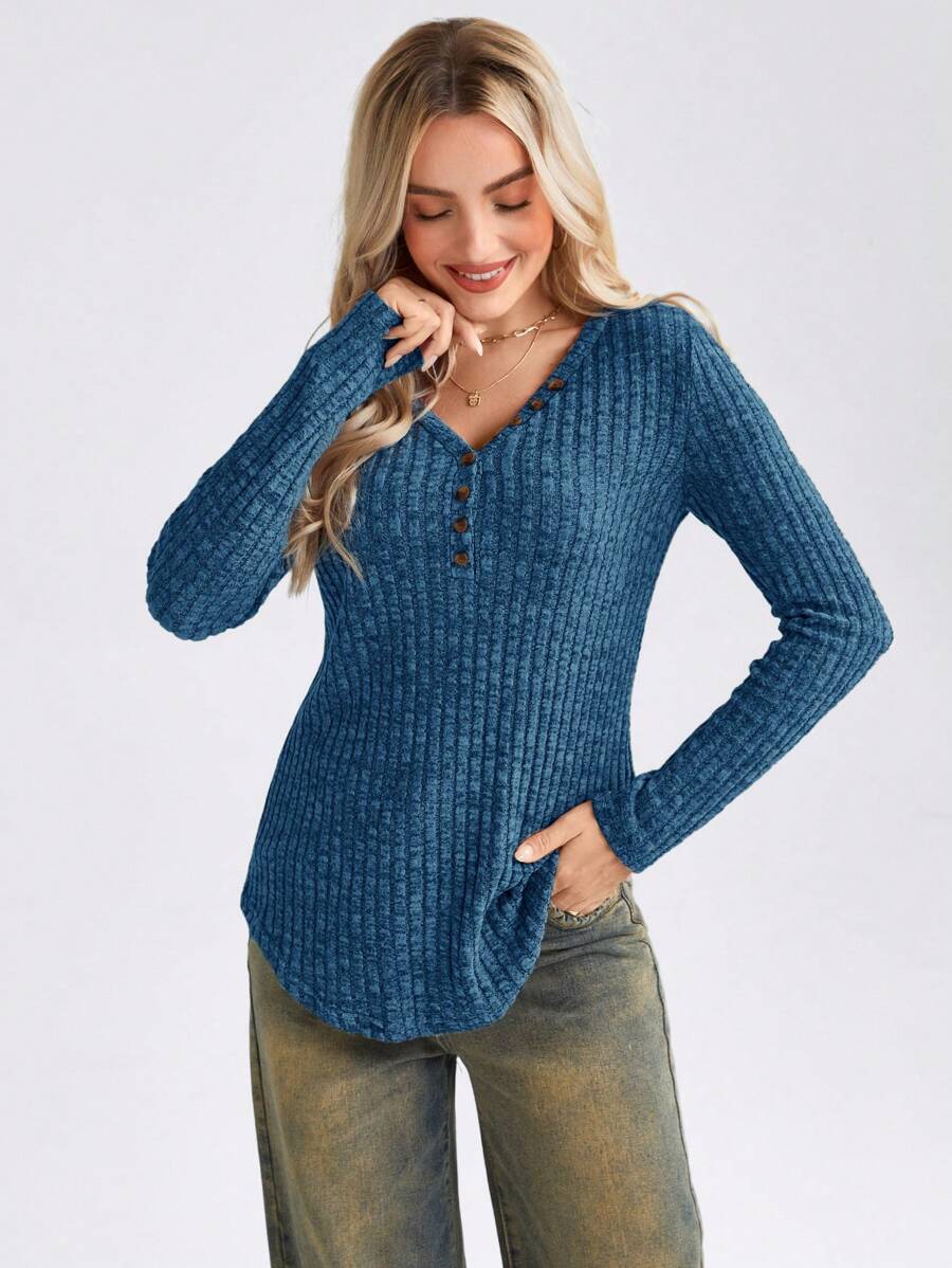 SHEIN LUNE Camiseta De Mujer A Rayas De Piqué De Color Liso Con Escote Con Botones