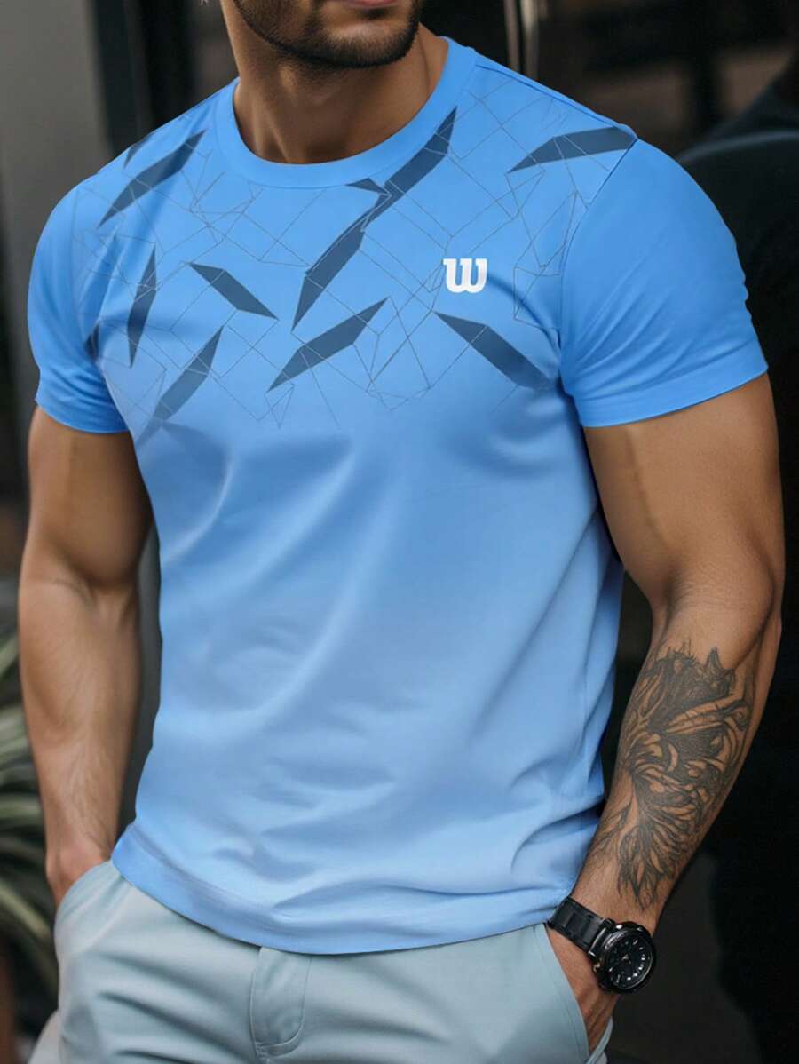 Manfinity Homme Camiseta de manga corta y cuello redondo con estampado, para uso casual y deportes al aire libre para hombres, para uso diario