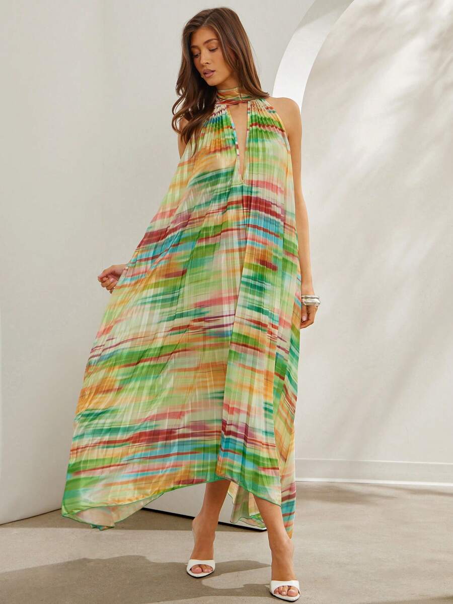 L'Amorae Vestido de verano para mujer con cuello halter de cuello en V profundo y estampado de teñido anudado