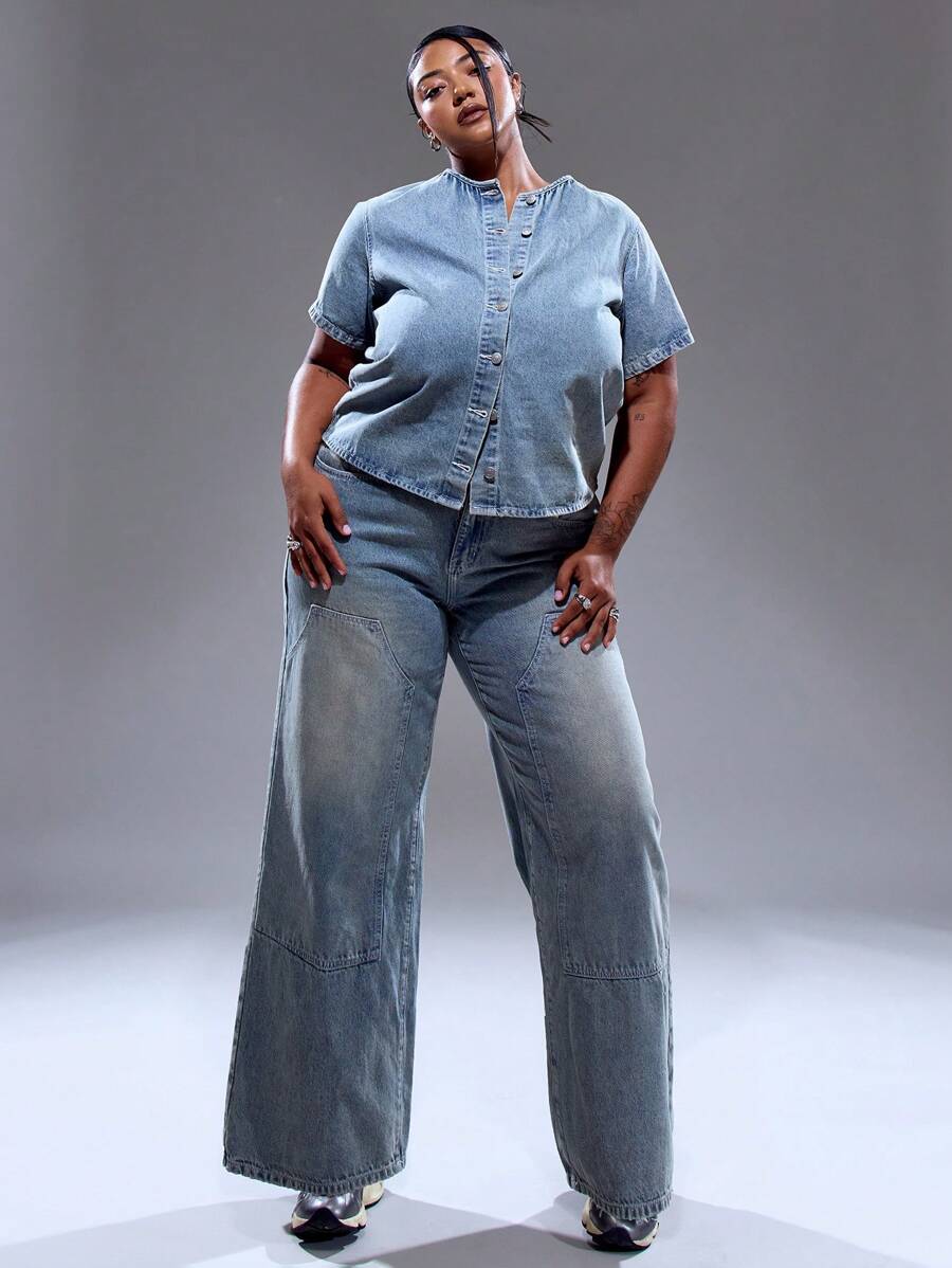 MUSERA Plus Size Women Low Rise Seam Detail Wide Leg Denim Jeans Summer Streetstyle Vacation Holiday 90's Y2k Cute Casual City Muse