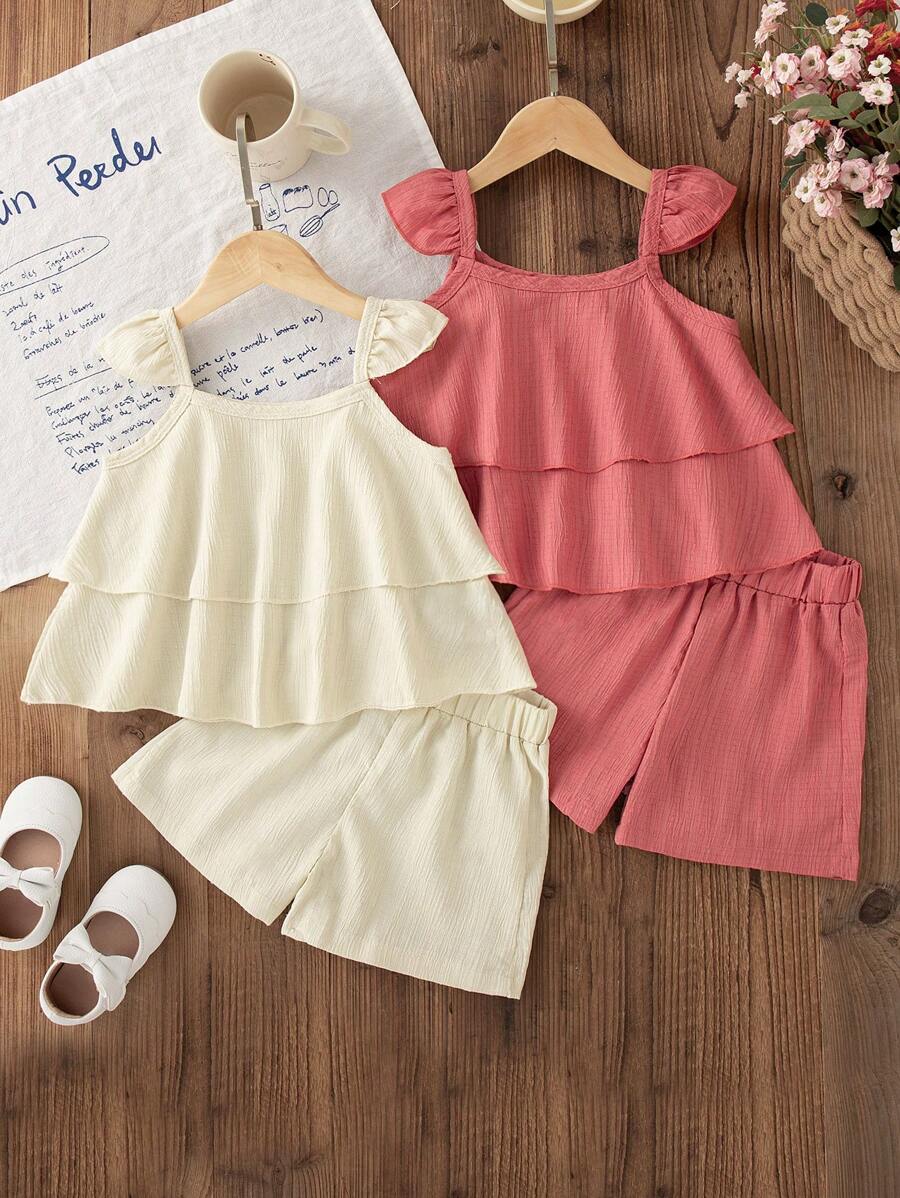 Set de 2 piezas de atuendo de verano para niña joven, blusa con mangas cortas y volantes, y shorts rectos de pierna, conjunto de verano casual y elegante