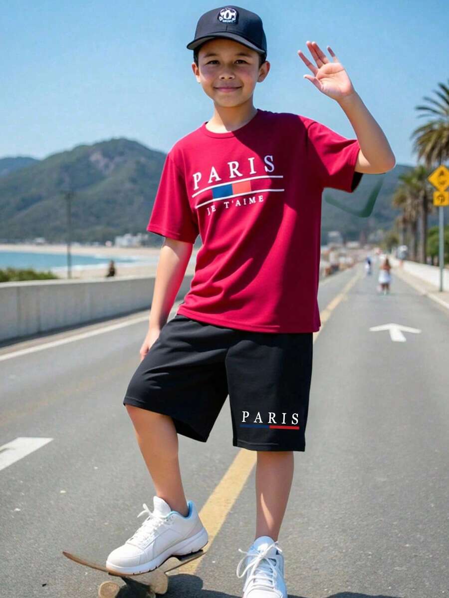 Tween Boy Red & Blue Striped Letter Print Casual Short Sleeve T-Shirt + Shorts Set Young Boys T Shirts Summer Clothes For Teens Boy Summer Clothes For Boys T Shirt And Shorts Set Boys Paris Outfit Boys Summer Outfit Teen Boy Clothes