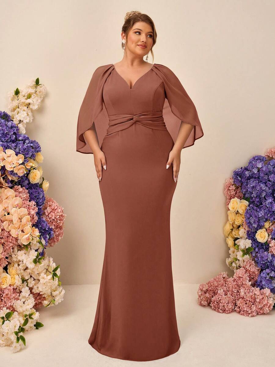 SHEIN Belle Vestido largo de dama de honor de tela de gasa con volantes, cuello en V y borde de cola de sirena, elegante y romántico, talla grande