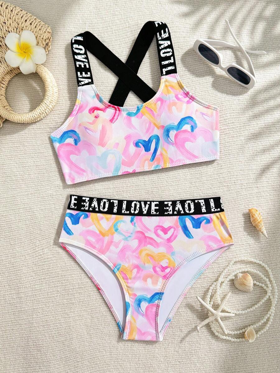 Conjunto de bikini elegante y lindo con estampado de corazón, decorado con cinta y con tirantes ajustables, adecuado para vacaciones, playa, verano para niñas preadolescentes