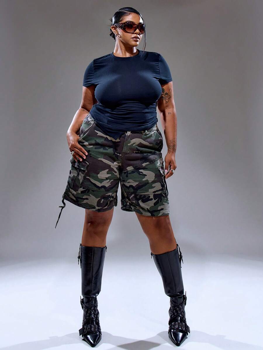 MUSERA Plus Size Low Rise Baggy Camo Jorts Longline Shorts Summer Streetstyle Vacation Holiday 90's Y2k Cute Casual City Muse Streetwear Back To School