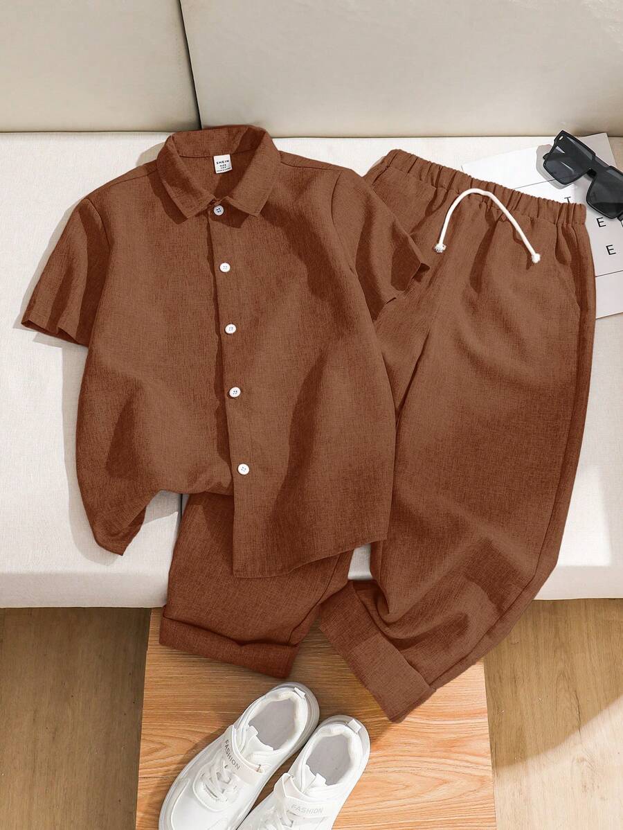 Ensemble 2 pièces pour garçon préadolescent, chemise à col polo manches courtes ample de couleur unie et pantalon long