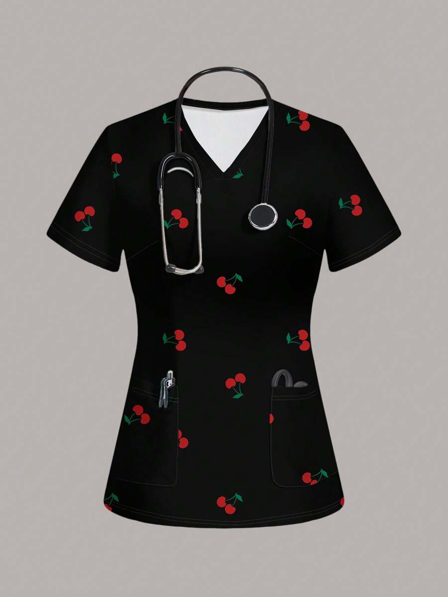 SHEIN Essnce Cherry Pattern Casual Women /Nursing Scrub Uniform Top, Suitable For Summer