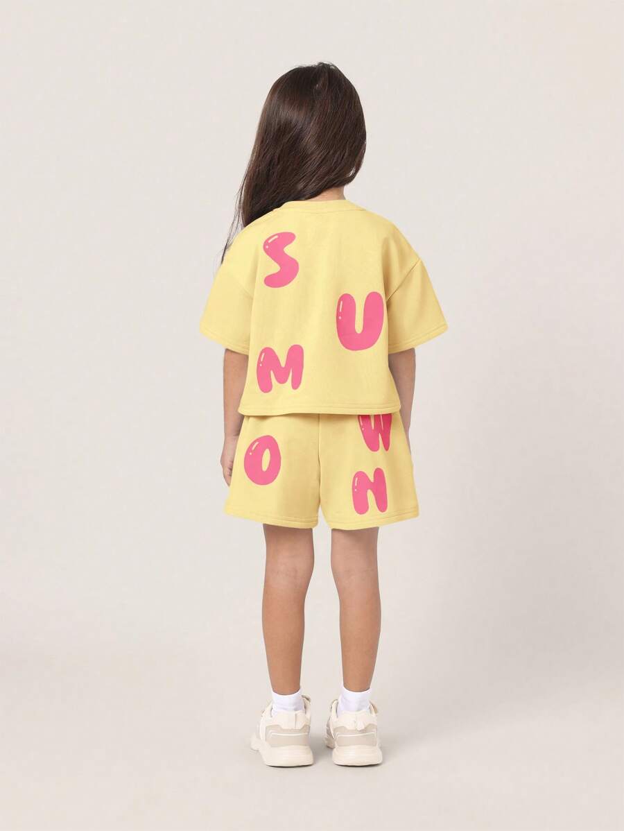 SUMWON Conjunto de Roupa Casual de Verão Moderno e Divertido para Meninas, com Estampa de Letra, Coordenado, Ideal para Festival, Férias, Streetwear, Acampamento de Dia, Brincadeira