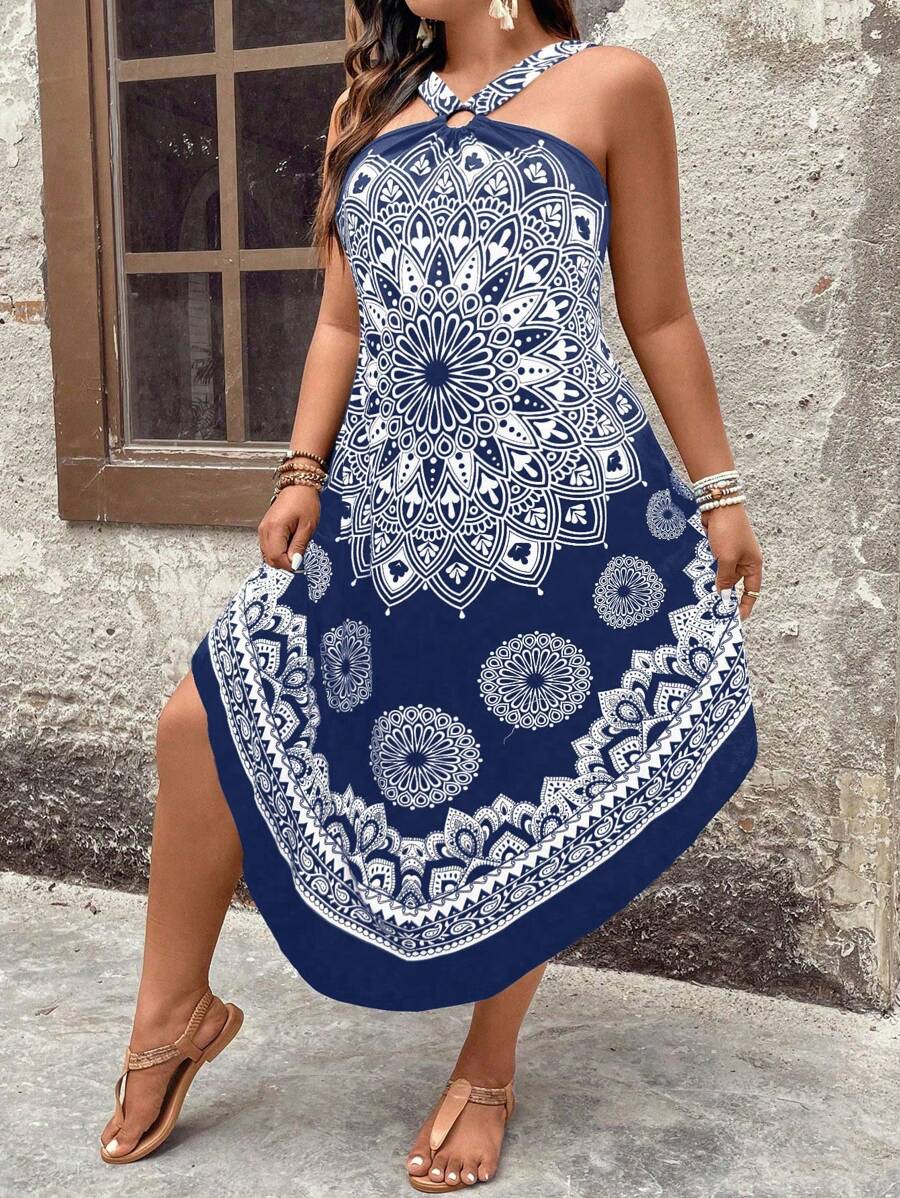 Breezaya Plus Size Curved Hem Halter Neck Dress Maxi Women Outfit