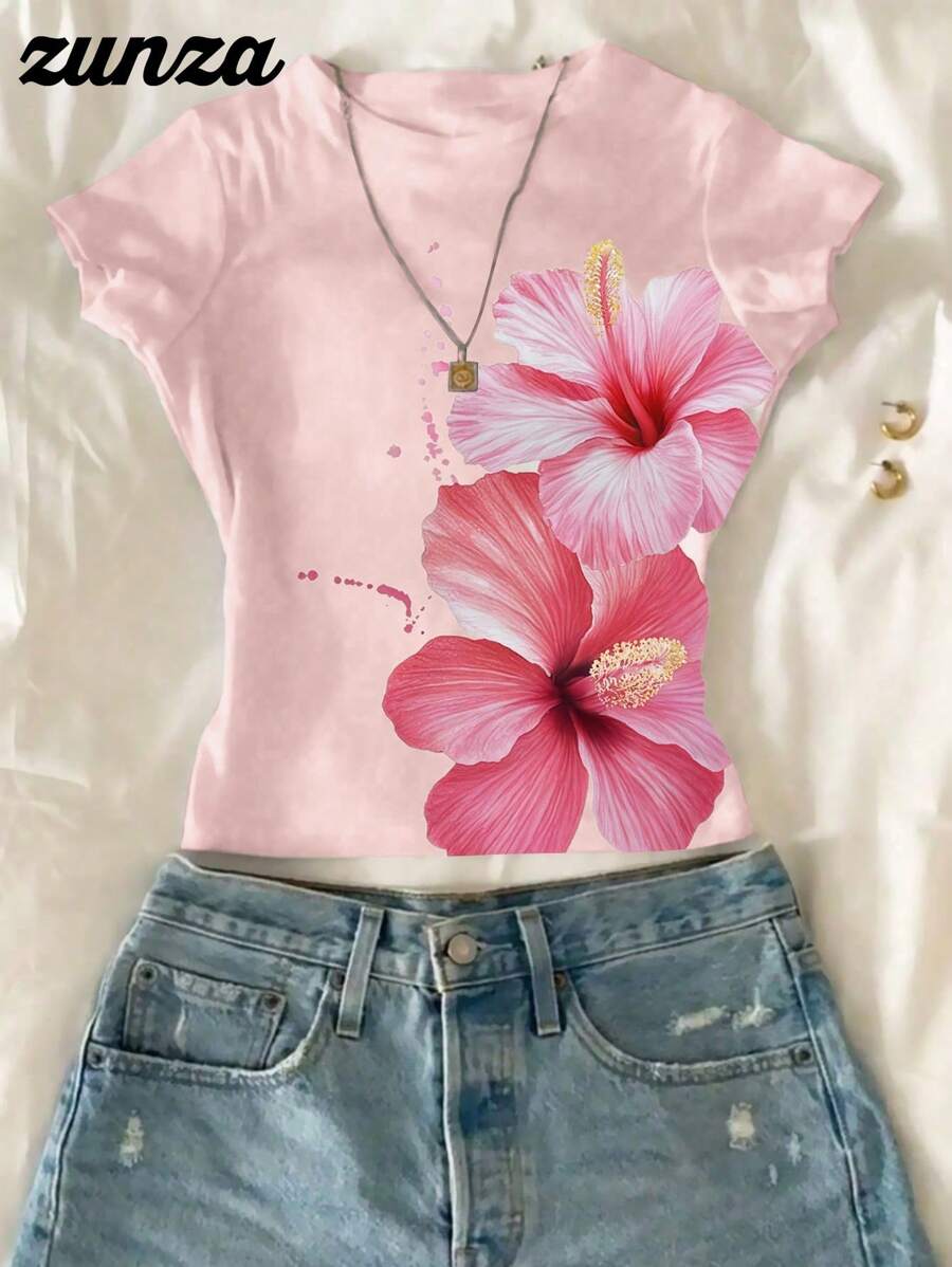 WESTFADE Young Tween Girls' Floral Print Round Neck Short Sleeve Casual T-Shirt Young Girl Summer Tops Summer Outfits For Girls Women Summer Outfits Outfits For Girls Summer