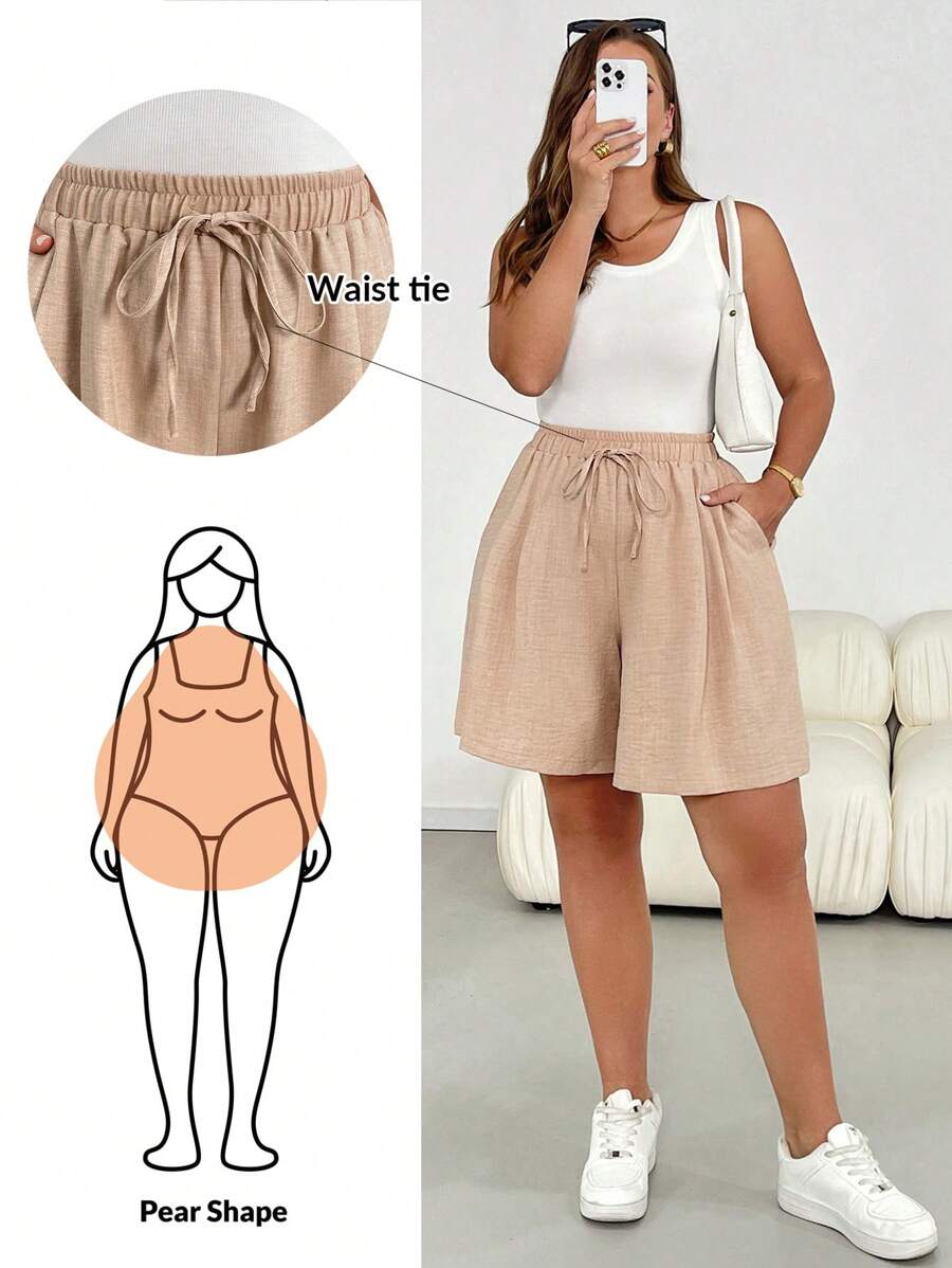 SHEIN Essnce Plus Size Women's Spring And Summer Fashion Casual Loose And Comfortable Basic Daily Versatile Slim Elastic Waist Khaki Shorts Shorts, Simple Style,Going Out Clothes,Baggy Pants,European Summer,Airport Outfit For Women,Boho,Vacation Clothes,Curve Shorts,Old Money Style,Comfy Shorts,Flowy Shorts,Bermuda Shorts