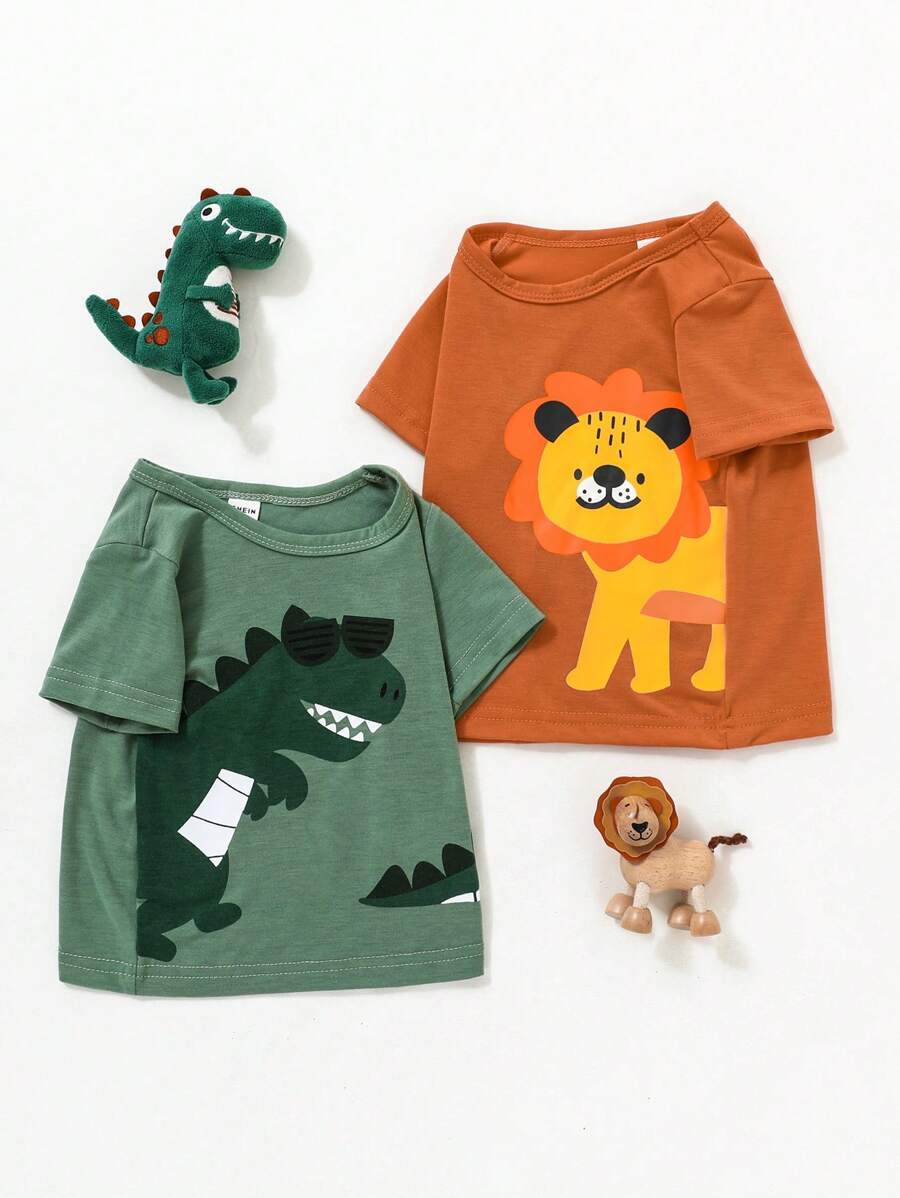 SHEIN Persoplay Kids 2 sztuki T-shirtów dla chłopców z krótkim rękawem i uroczymi nadrukami zwierząt i dinozaurów, wiosna/lato