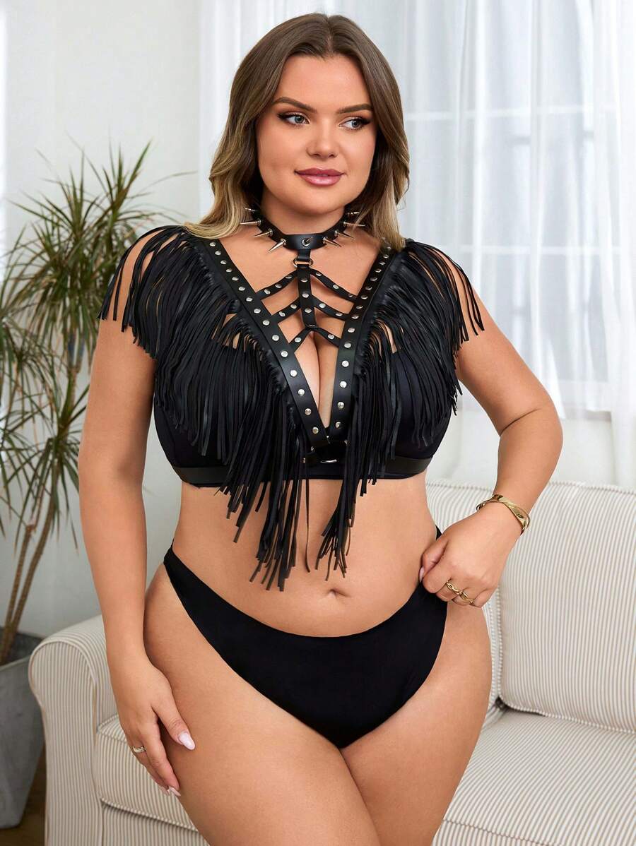 SHEIN Conjunto de lencería sexy con decoración de flecos de piel para mujer de tallas grandes