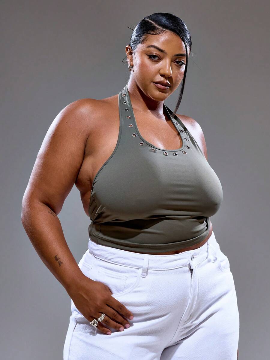 MUSERA Plus Size Scoop Neck Eyelet Neckline Fitted Halter Top Summer Streetstyle Vacation Holiday 90's Y2k Cute Casual City Muse