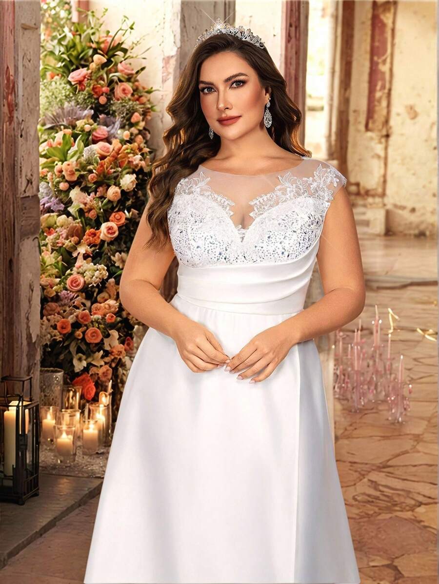 Glamrae Abito da sposa elegante e lussuoso con scollo a cuore, spalle aperte, arricciature, jacquard in raso, vita alta, taglio a trapezio e strascico, taglia grande