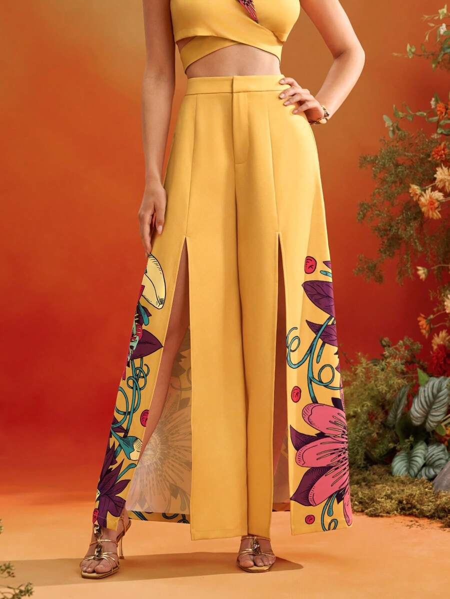 Frida Kahlo X SHEIN X Designer Israel Jasso Pantaloni a gamba ampia con stampa floreale posizionata, fessura sexy aperta, adatti per le vacanze estive
