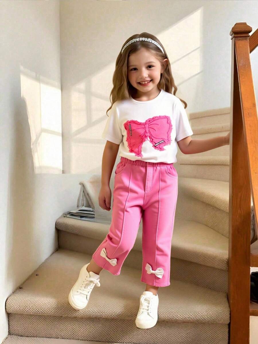 SHEIN Conjunto de 2 piezas para niñas: Camiseta de manga corta de unicolor y pantalones vaqueros estampados con mariposas y decoración de moño 3D, lindo y casual para verano, al aire libre y vacaciones para adolescentes