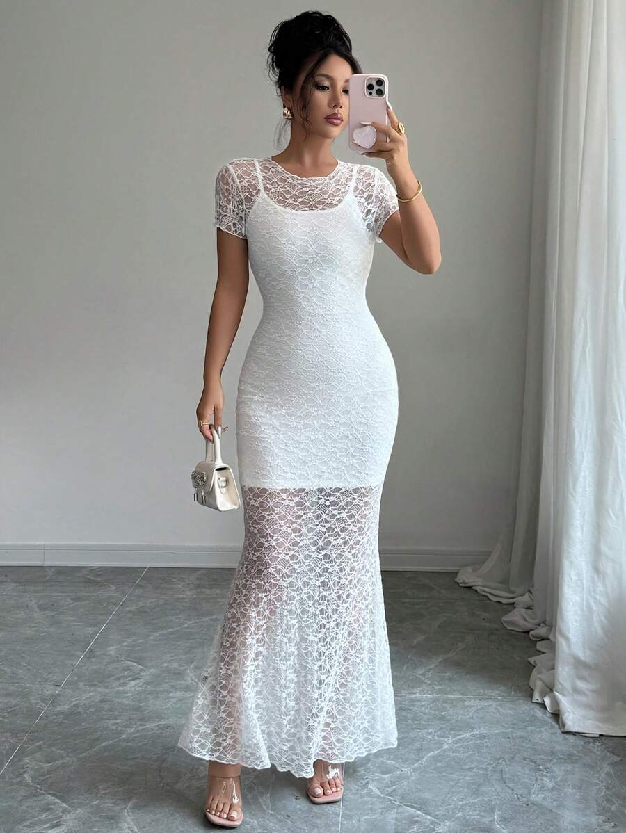 Elenzga Women's Summer Round Neck Short Sleeve Bodycon Maxi Dress Set, Mesh White Lace Maxi Dress & Camisole Mini Dress, Elegant For Dating, Party, Beach Vacation