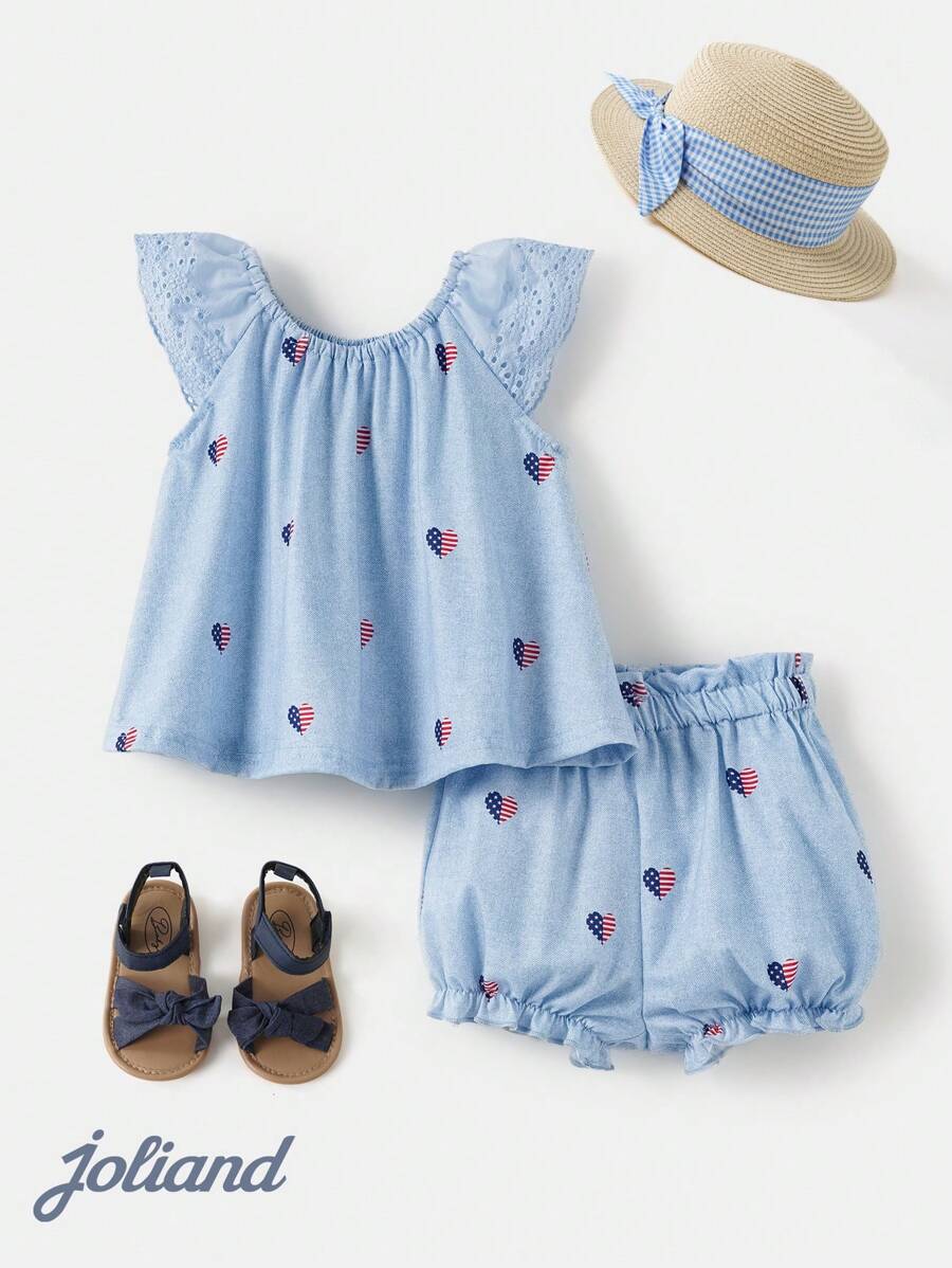 Joliand Joliand 2 pièces/set Top sans manches ample imprimé avec cœur patriotique et drapeau et short à jambes larges pour filles bébé. Convient pour un usage casual quotidien, le Jour de l'Indépendance, les voyages, la plage. 4 juillet, Quatrième juillet, drapeau des États-Unis, drapeau américain, drapeau patriotique, Vieux Glory, Jour de l'Indépendance