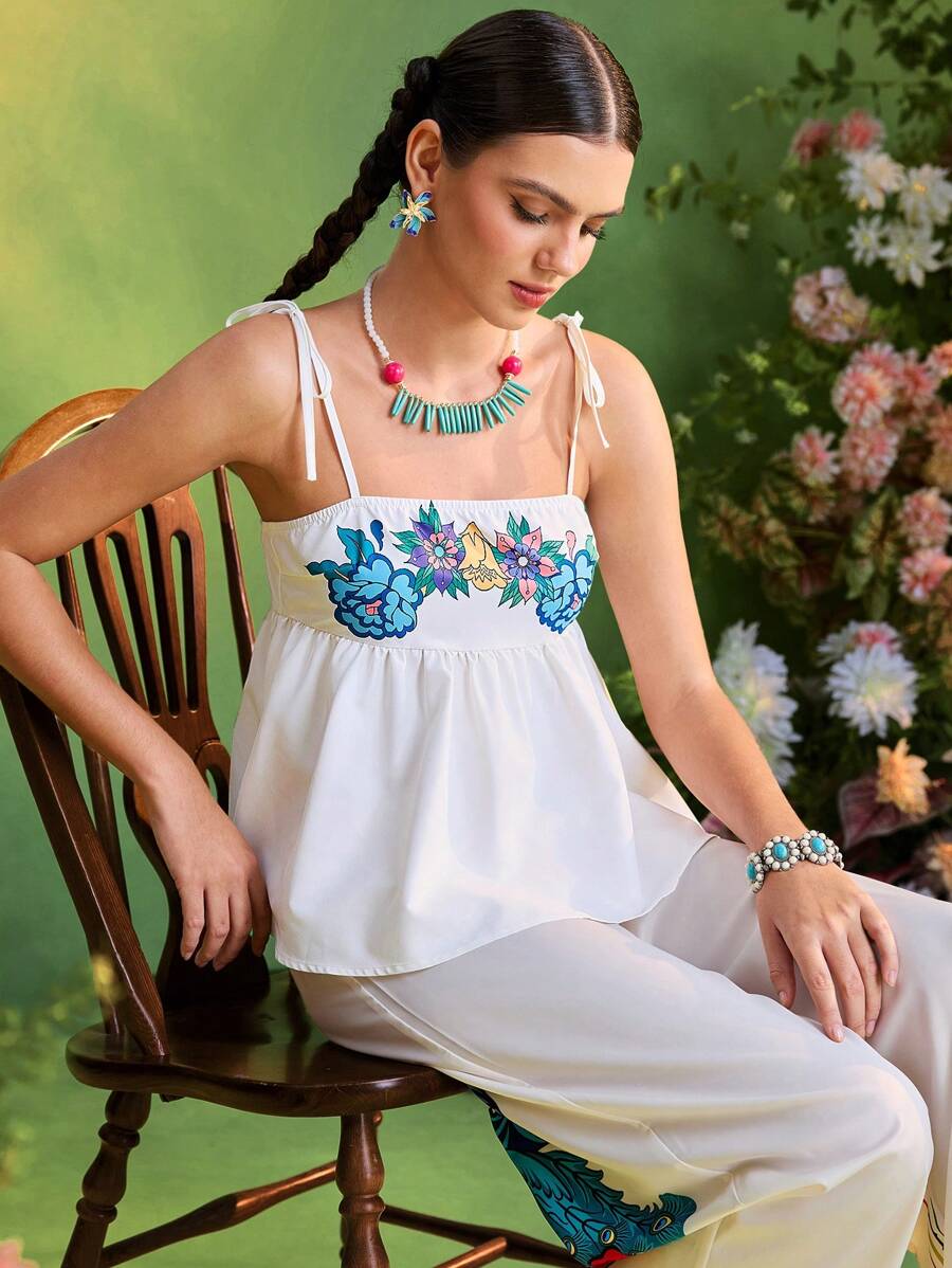 Frida Kahlo X SHEIN X Designer Oxana Summer Vacation Holiday Floral Print Knot Shoulder Babydoll Cami Top