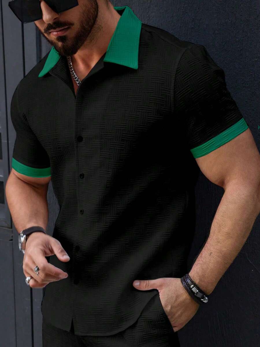 Manfinity Homme Men's Casual Colorblock Short Sleeve Shirt, Summer