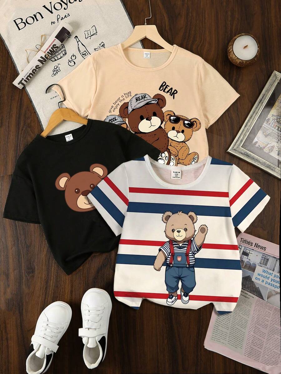3 Pcs Young Boys Summer Casual Cute Fashionable Striped & Cartoon Bear Graphic Print Crew Neck Short Sleeve T-Shirts