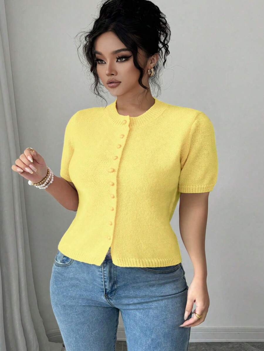 Elenzga Lightweight Crew Neck Plus Size Women Knitted Cardigan, Casual Slim, Sun Protection Suitable For Daily Commute And Outings, Summer & Autumn