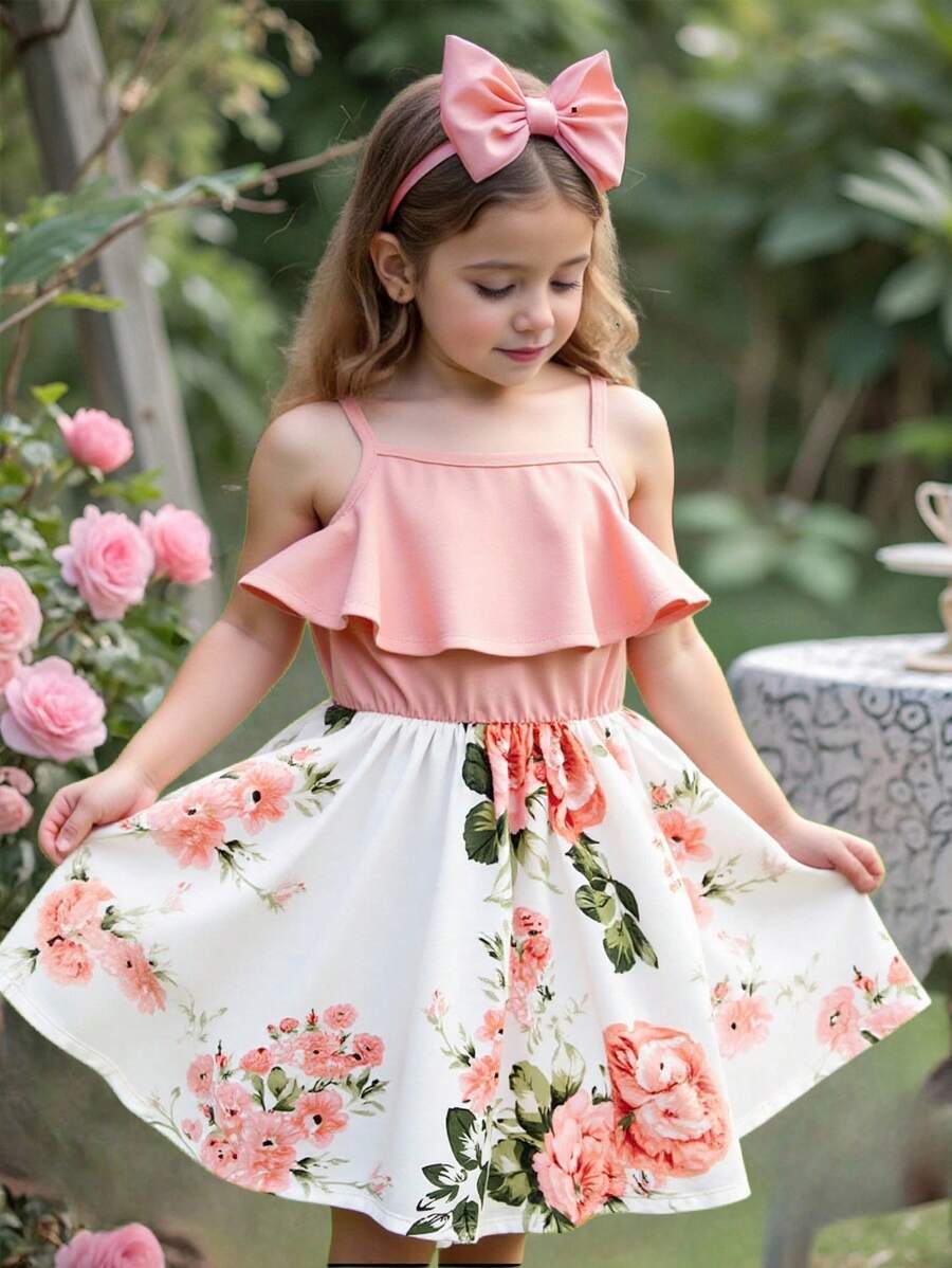 SHEIN Young Girl Floral Patchwork Ruffle Trim Sleeveless Knee Length Dress