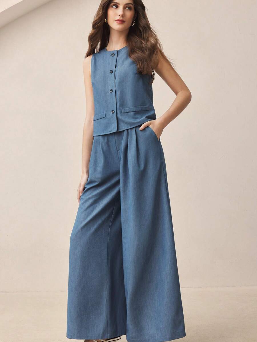 BizChic 两件套:女士2025夏季商务休闲日常套装 - 优雅的海滨度假装,适合婚礼宾客、乡村音乐节、早午餐、机场装。包含圆领背心和阔腿裤,斯德哥尔摩/90年代/美式风格